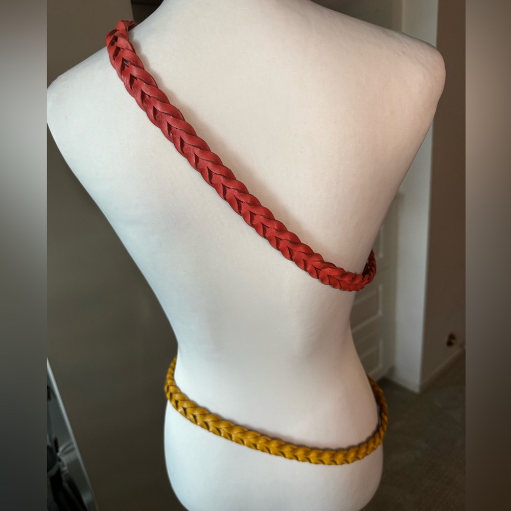 J.Crew Two Braided Leather Belts | Orange & Yellow Woven Brasstone Buckle S/M - Picture 3 of 7